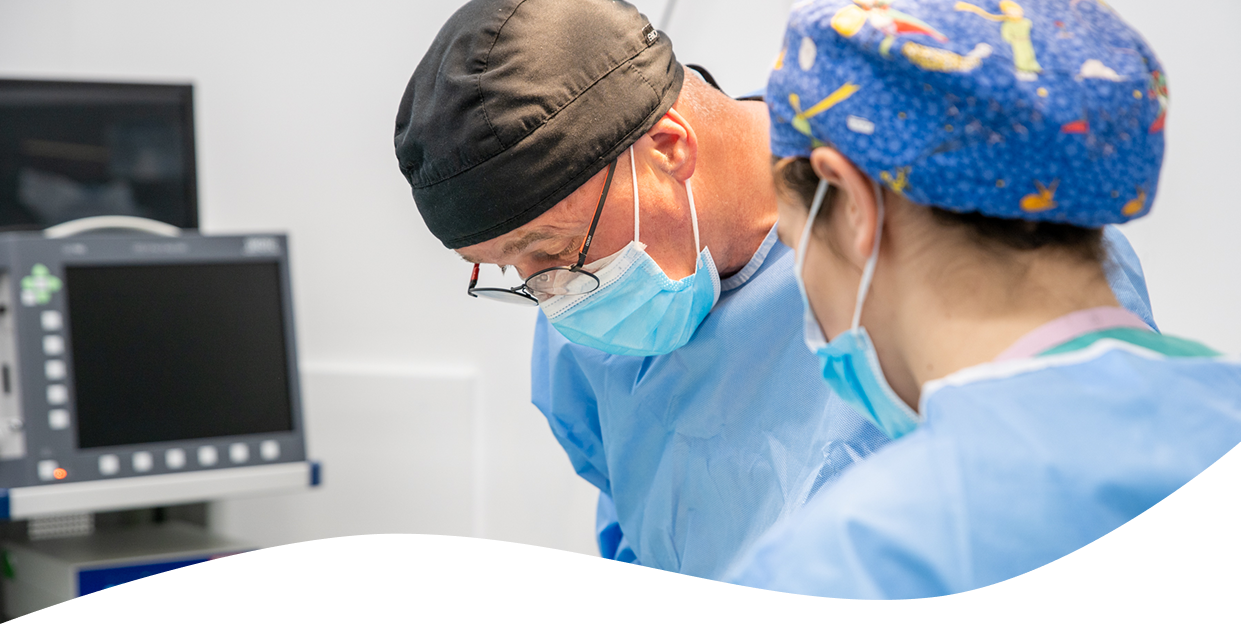 Close up of the heads of two members of veterinary staff are wearing caps, face masks, and surgical gowns in a surgery suite. Screens can be seen in the background.